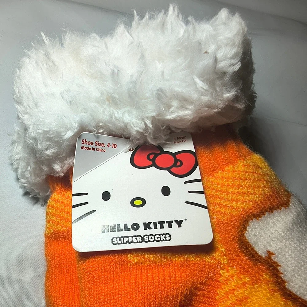 Sanrio Hello Kitty Orange Plaid Faux Fur Lined Slipper Socks Non-Slip Size 4-10